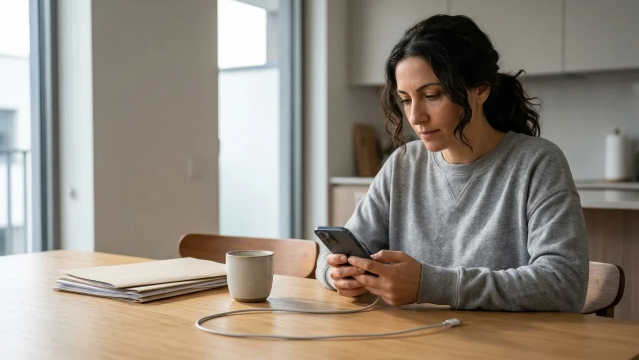 Genitore che controlla l'accredito dell'Assegno Unico sullo smartphone