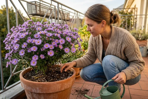 Pianta fiorita di aster novi belgii coltivata in un capiente vaso da balcone