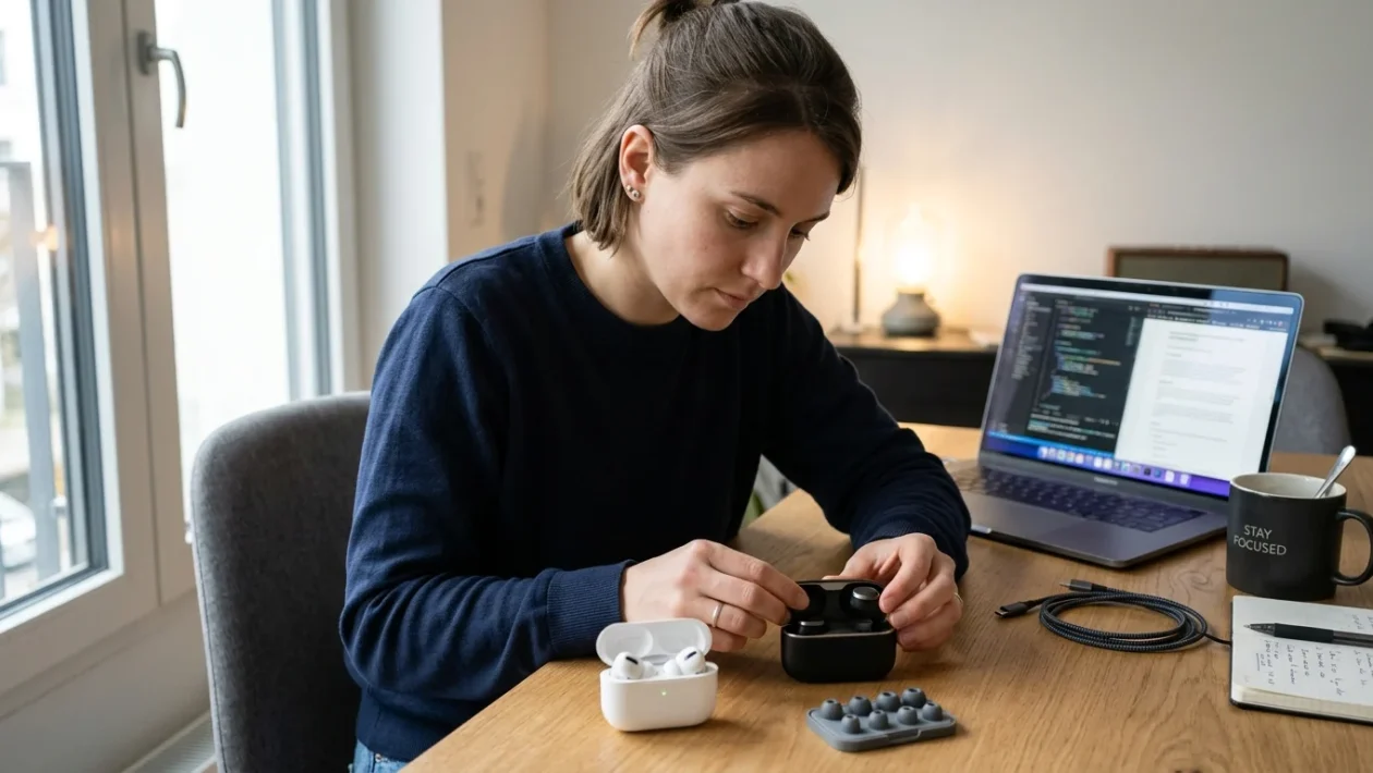 Due paia di auricolari wireless con custodie, uno bianco a stelo e uno nero in-ear con gommini, su una scrivania
