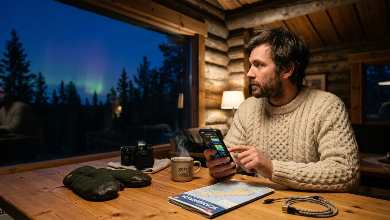 Cielo notturno stellato con le scie luminose verdi dell'aurora boreale