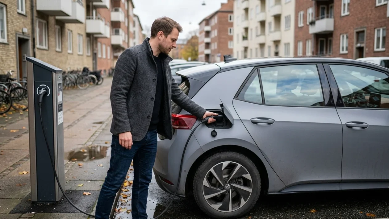 Auto elettrica compatta in sosta durante una sessione di ricarica urbana
