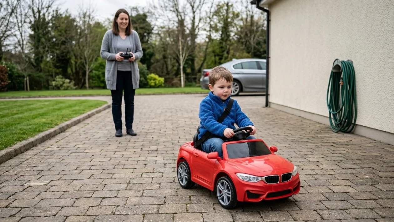 Auto elettrica per bambini 12V con telecomando di sicurezza per genitori su un viale