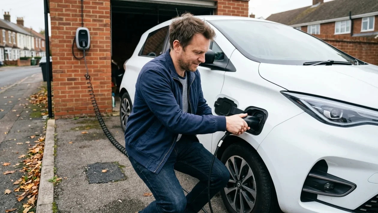 Auto elettrica compatta in ricarica presso una colonnina pubblica