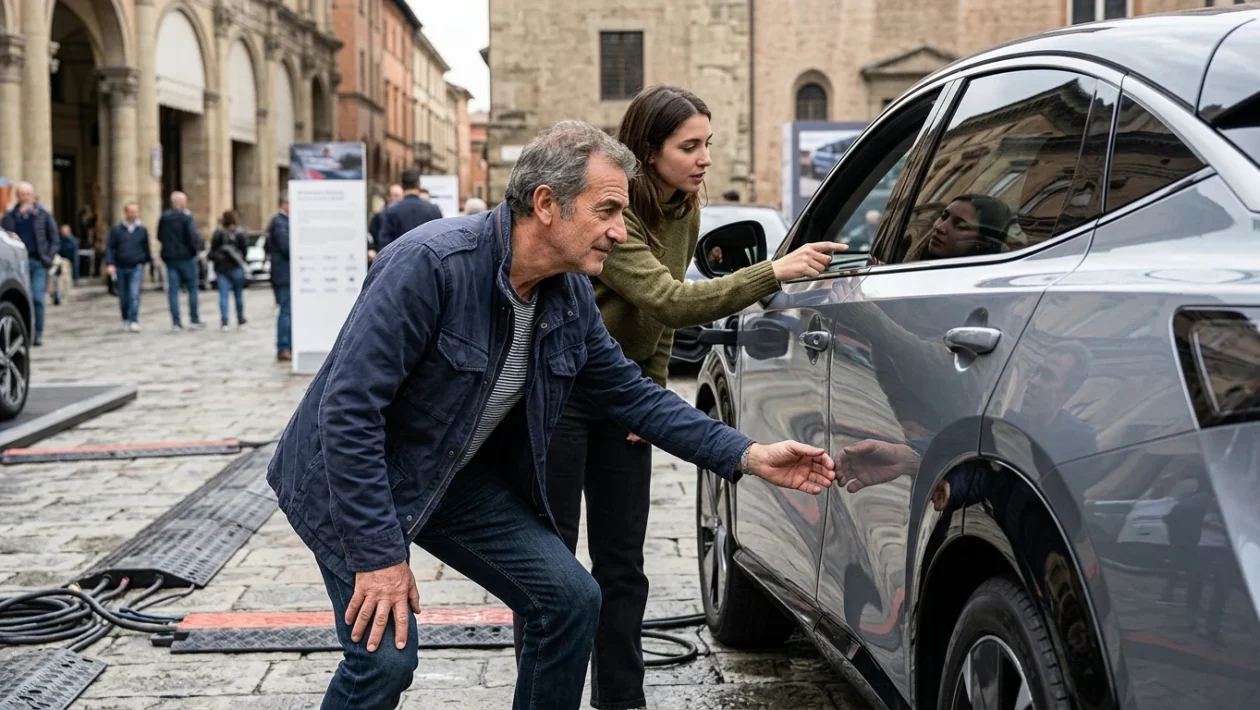 Vetture elettrificate esposte in una fiera automobilistica urbana