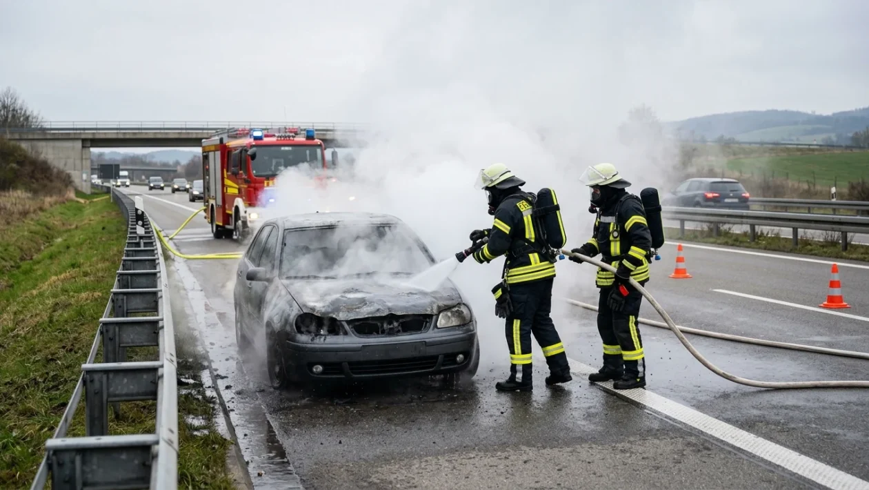 Vigili del fuoco al lavoro per estinguere un rogo su un veicolo in autostrada A27