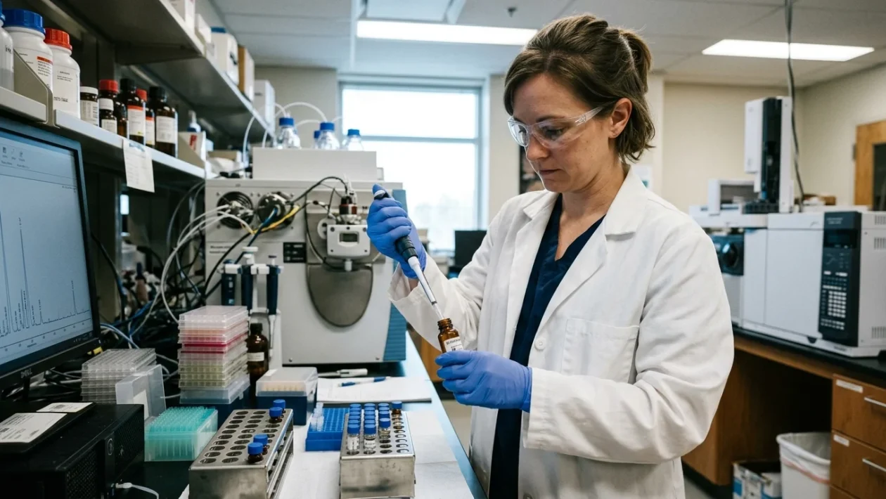 Provetta di laboratorio per analisi tossicologiche e cartella medica forense