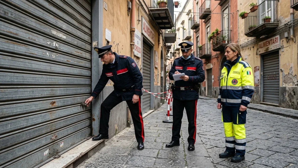 Militari dell'Arma dei Carabinieri impegnati nei rilievi all'esterno del negozio a San Cataldo