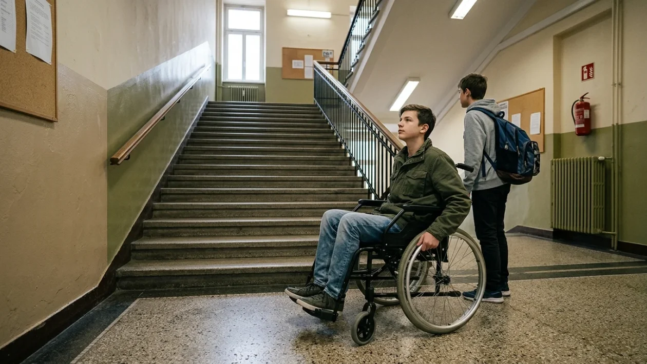 Corridoio di una scuola italiana con rampe e accessi per studenti disabili