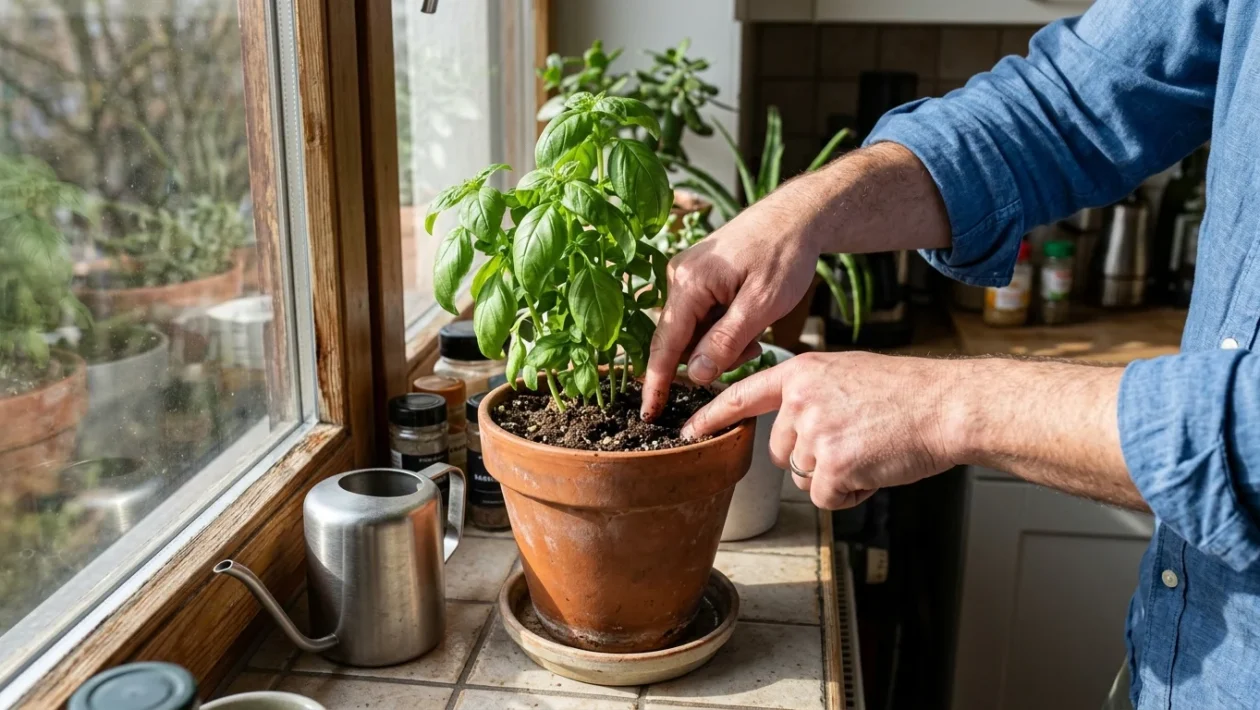 Foglie verdi di basilico coltivate in vaso