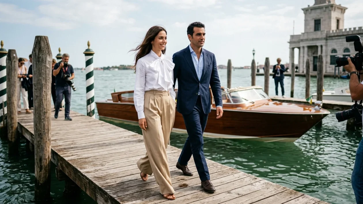 Beatrice Valli con pantaloni beige al suo arrivo a Venezia
