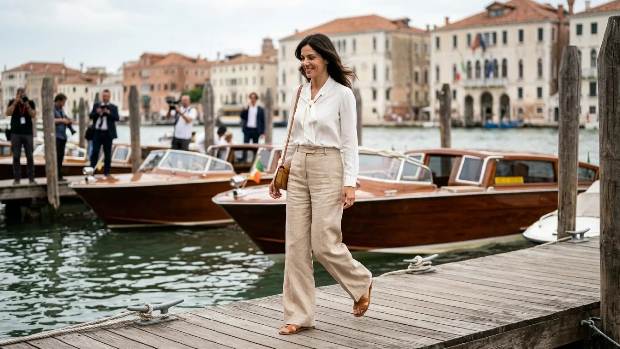 Beatrice Valli con pantaloni beige e camicia bianca al Lido di Venezia