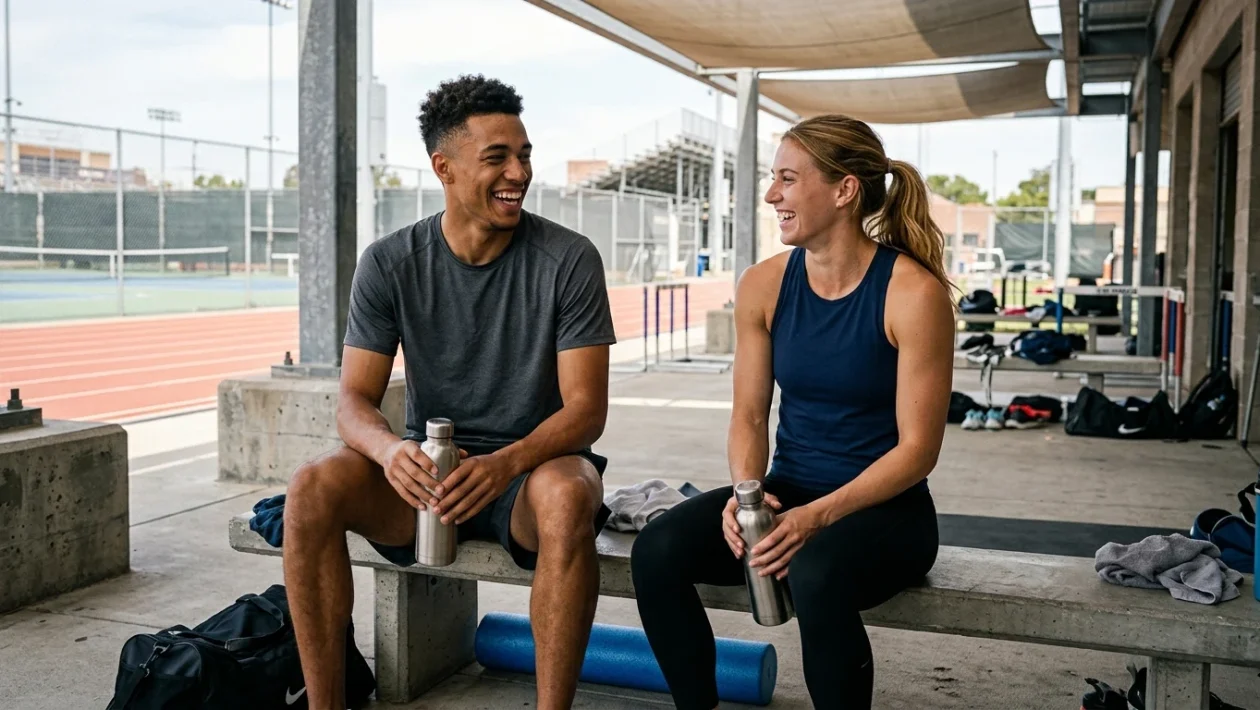 Ben Shelton durante una sessione di servizio e Anna Hall sulla pista di atletica