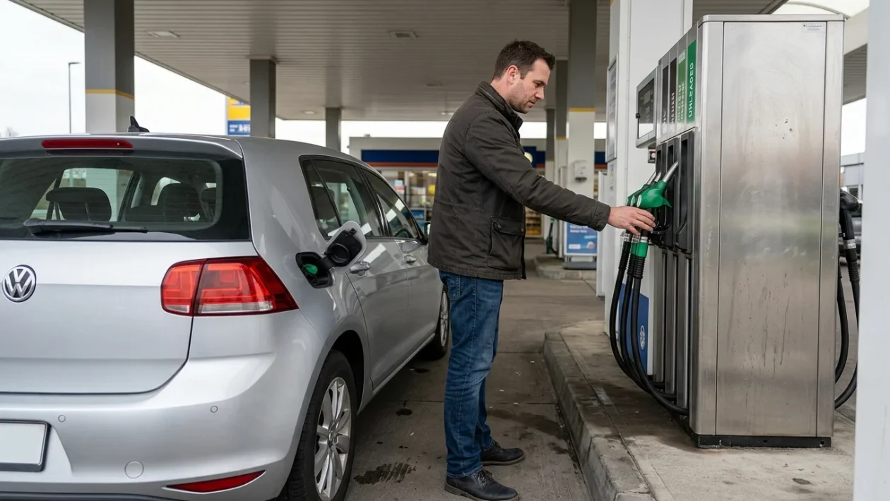Erogatore di carburante verde con etichetta circolare E10 presso una stazione di servizio
