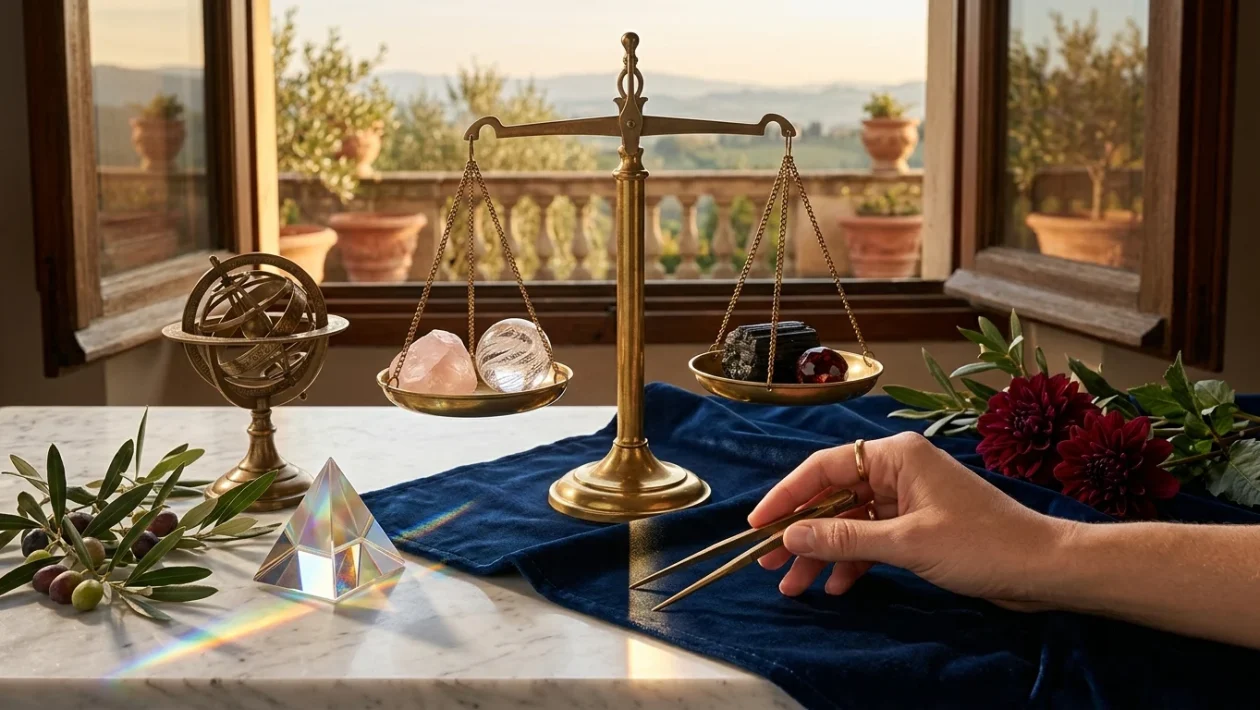 Illustrazione astrologica dei segni zodiacali Bilancia e Scorpione immersi in sfumature autunnali