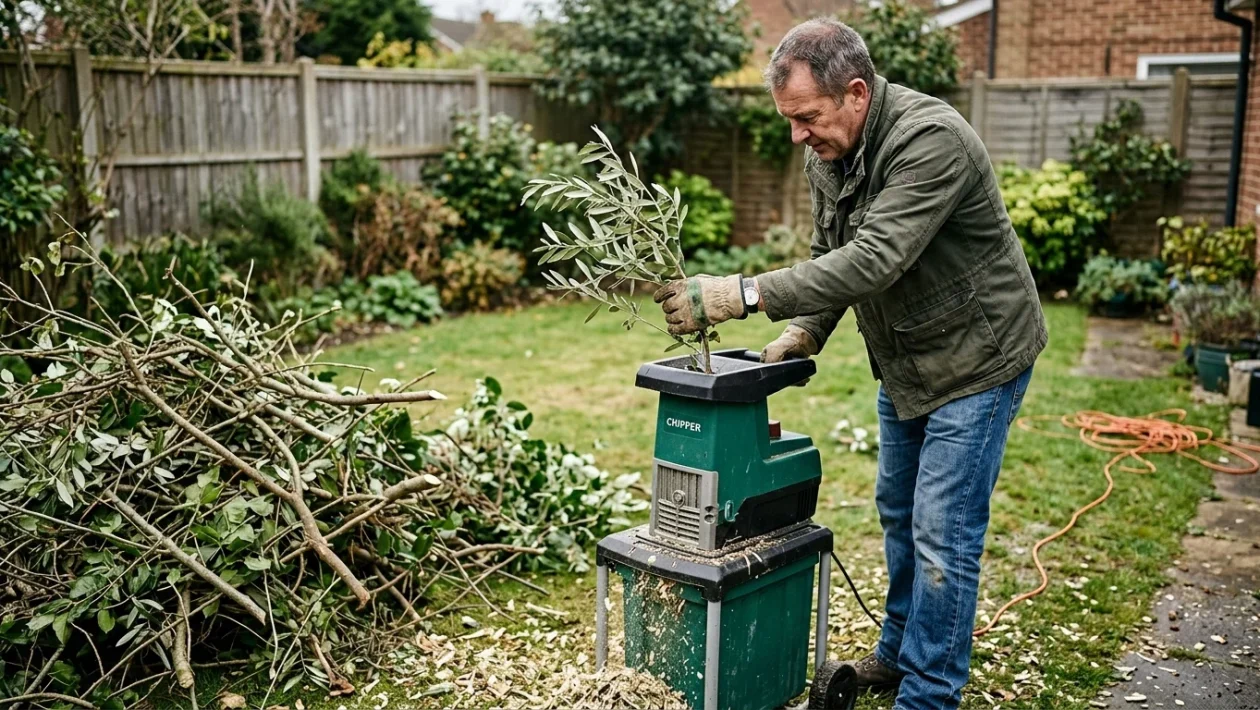 Biotrituratore elettrico da giardino con tramoggia di carico e rami di potatura