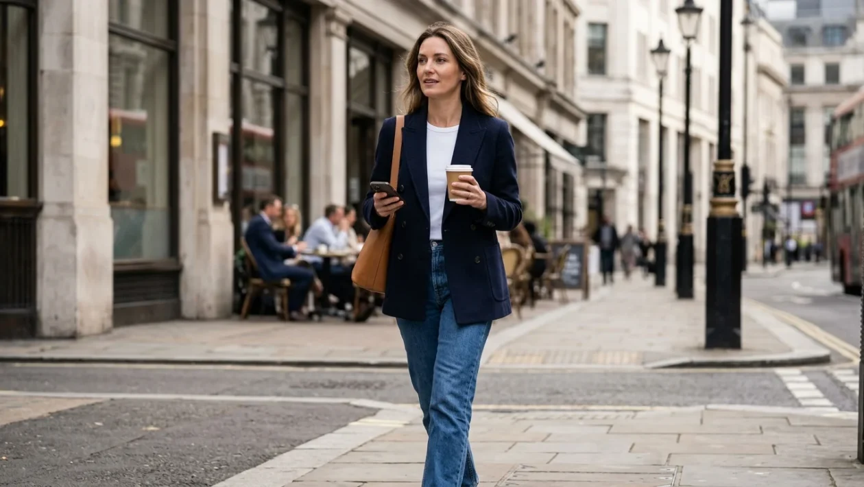 Giacca blazer blu navy femminile abbinata per un look da giorno
