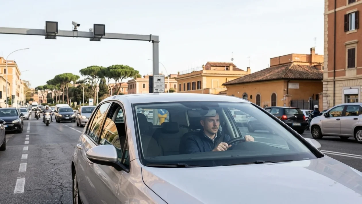 Cartello di accesso alla Fascia Verde ZTL di Roma con telecamera di controllo