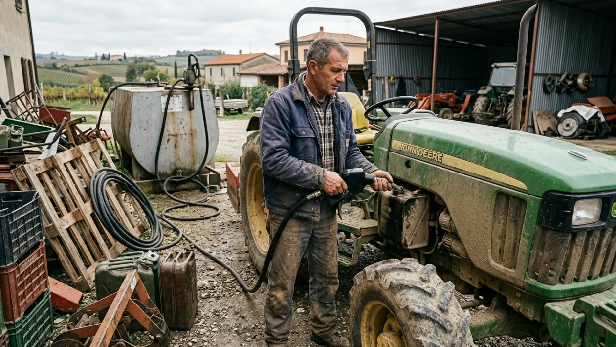 Trattore al lavoro nei campi durante le operazioni agricole con rifornimento di carburante agevolato