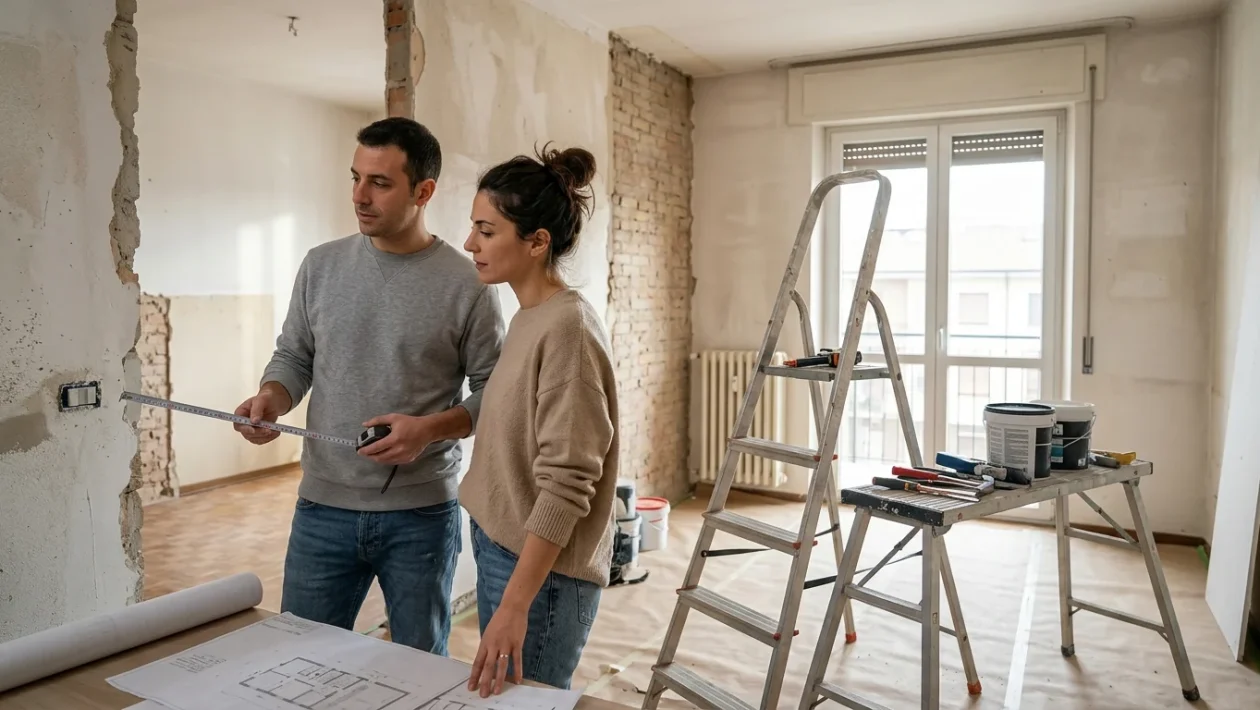 Cantiere edile residenziale con lavori di riqualificazione edilizia e impianti domestici