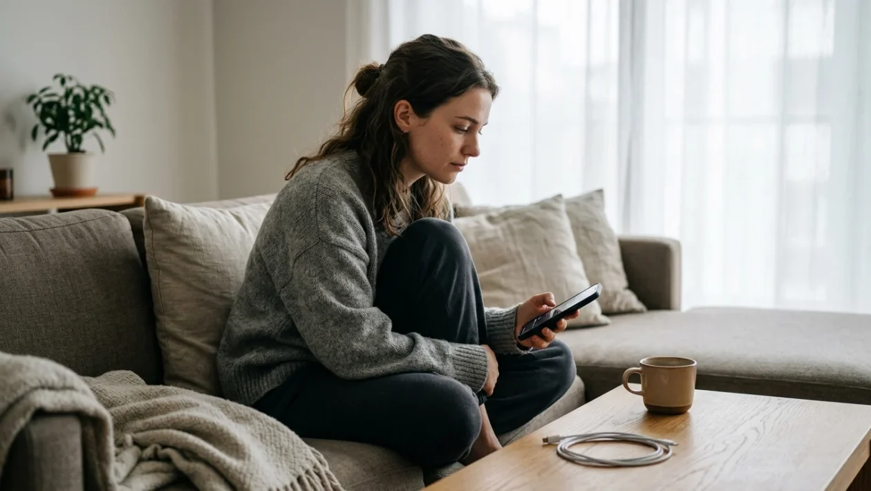 Persona che guarda lo smartphone in attesa di un messaggio, simbolo del breadcrumbing nelle relazioni tossiche