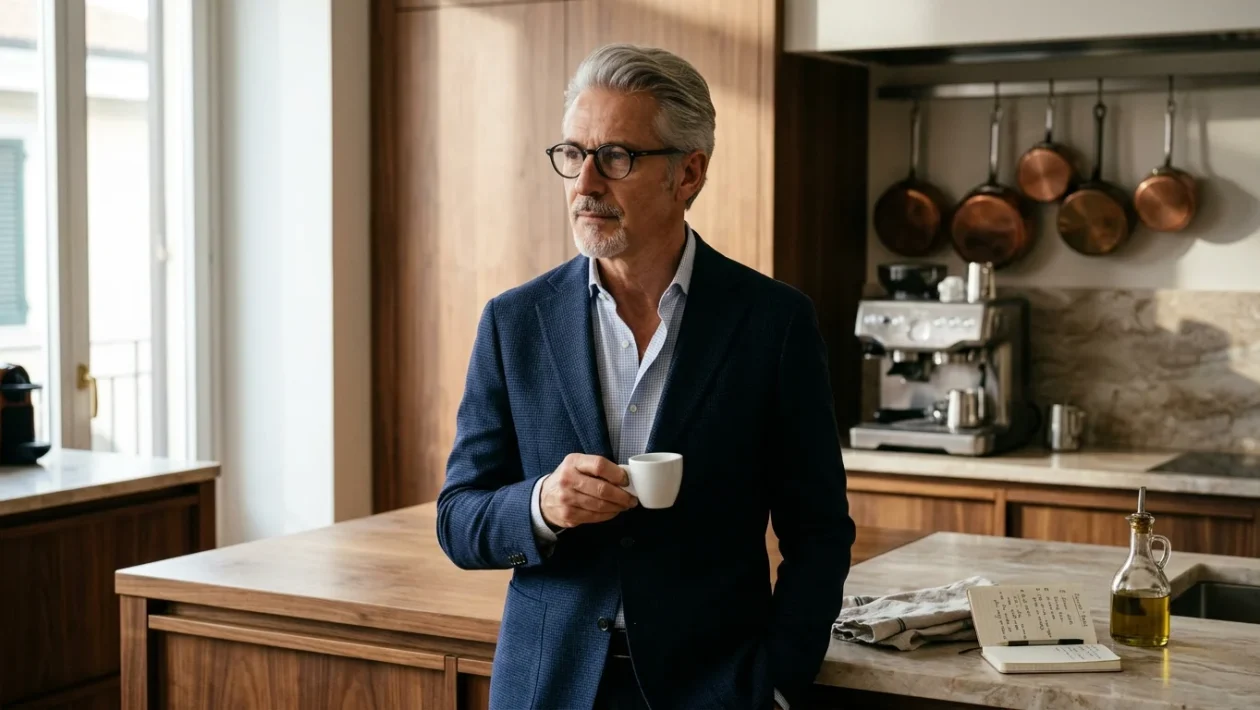Lo chef Bruno Barbieri in abito elegante e giacca da cucina