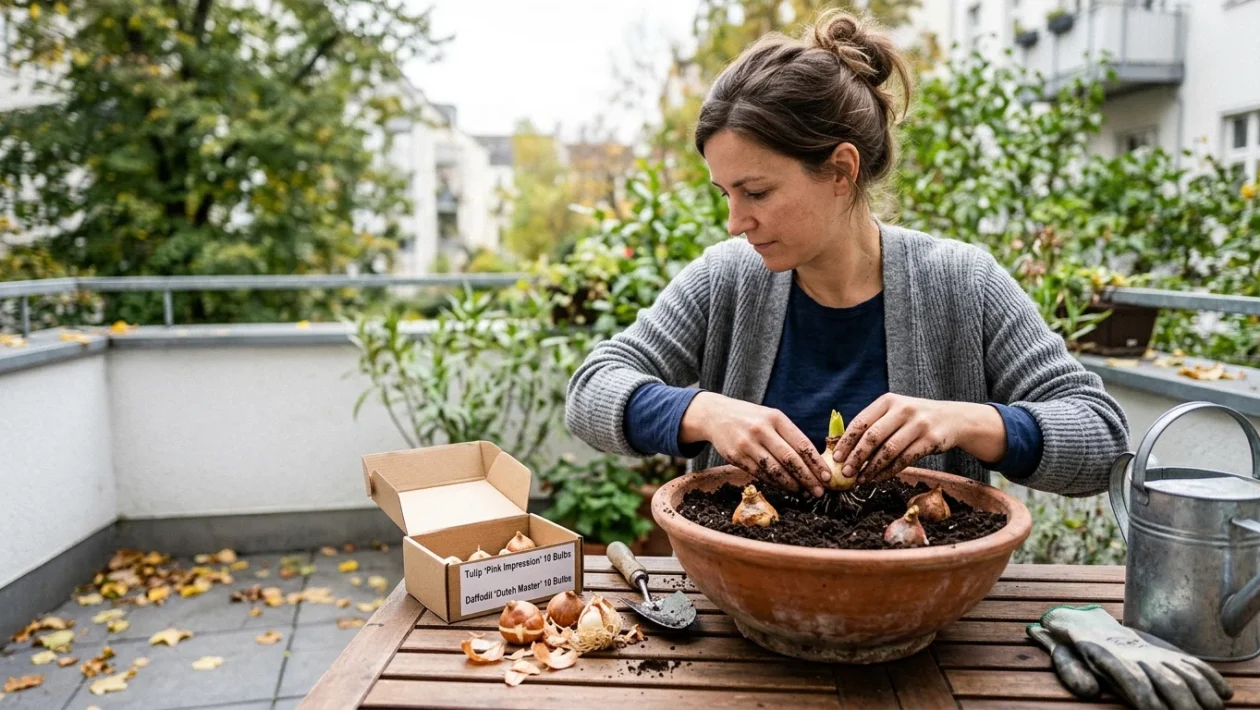 Bulbi di tulipani e narcisi pronti per essere piantati in un vaso sul balcone