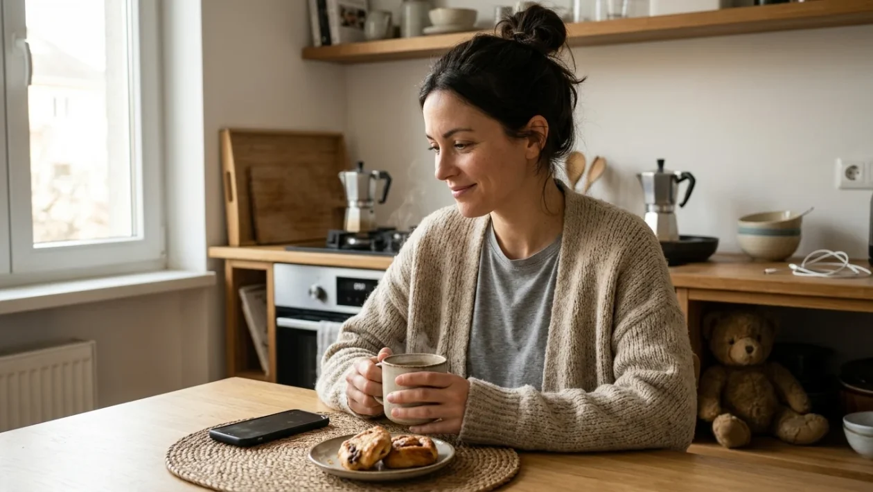 Tazza di caffè sul tavolo accanto a uno smartphone con una schermata di messaggi