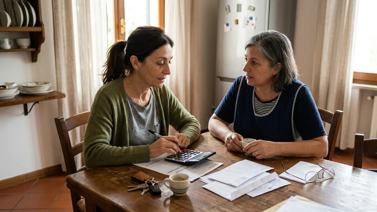 Facsimile di una busta paga per collaboratori domestici con evidenziati i contributi INPS