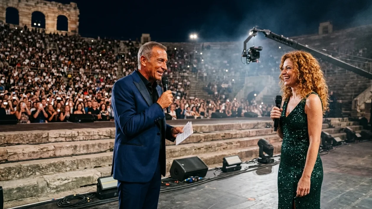 Palco dell'Arena di Verona illuminato per la serata dei BYD Music Awards 2026 con scenografia e maxischermi