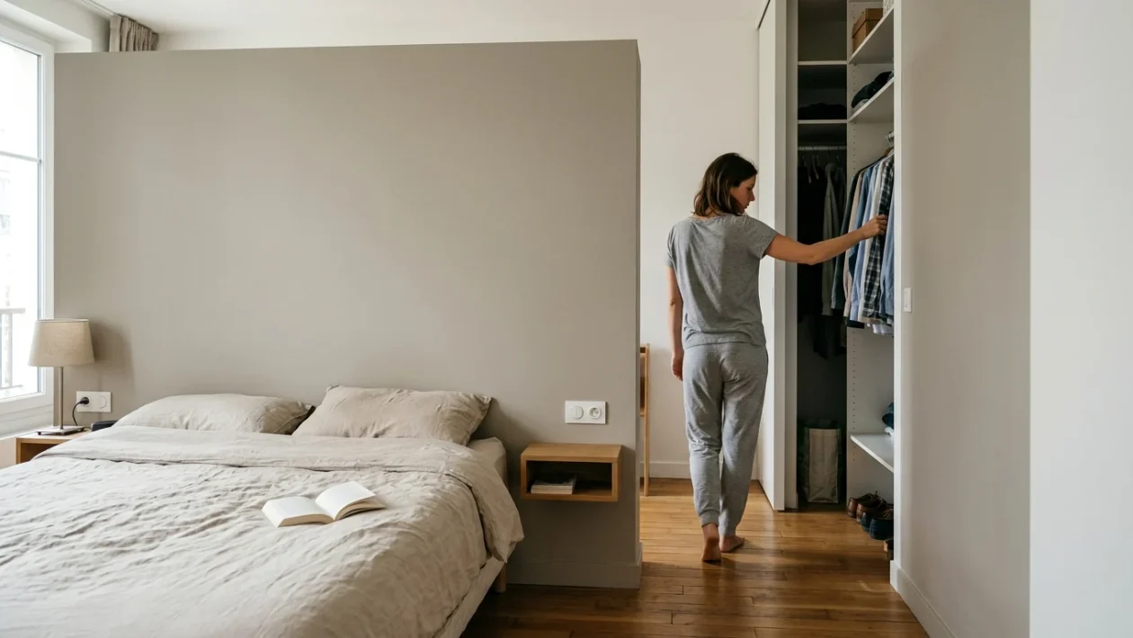 Pareti in cartongesso per cabina armadio posizionata dietro il letto matrimoniale