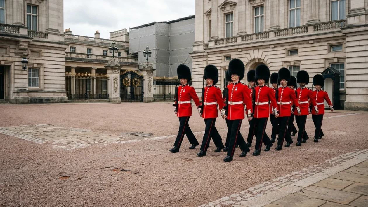 Le guardie reali schierate davanti ai cancelli di Buckingham Palace a Londra
