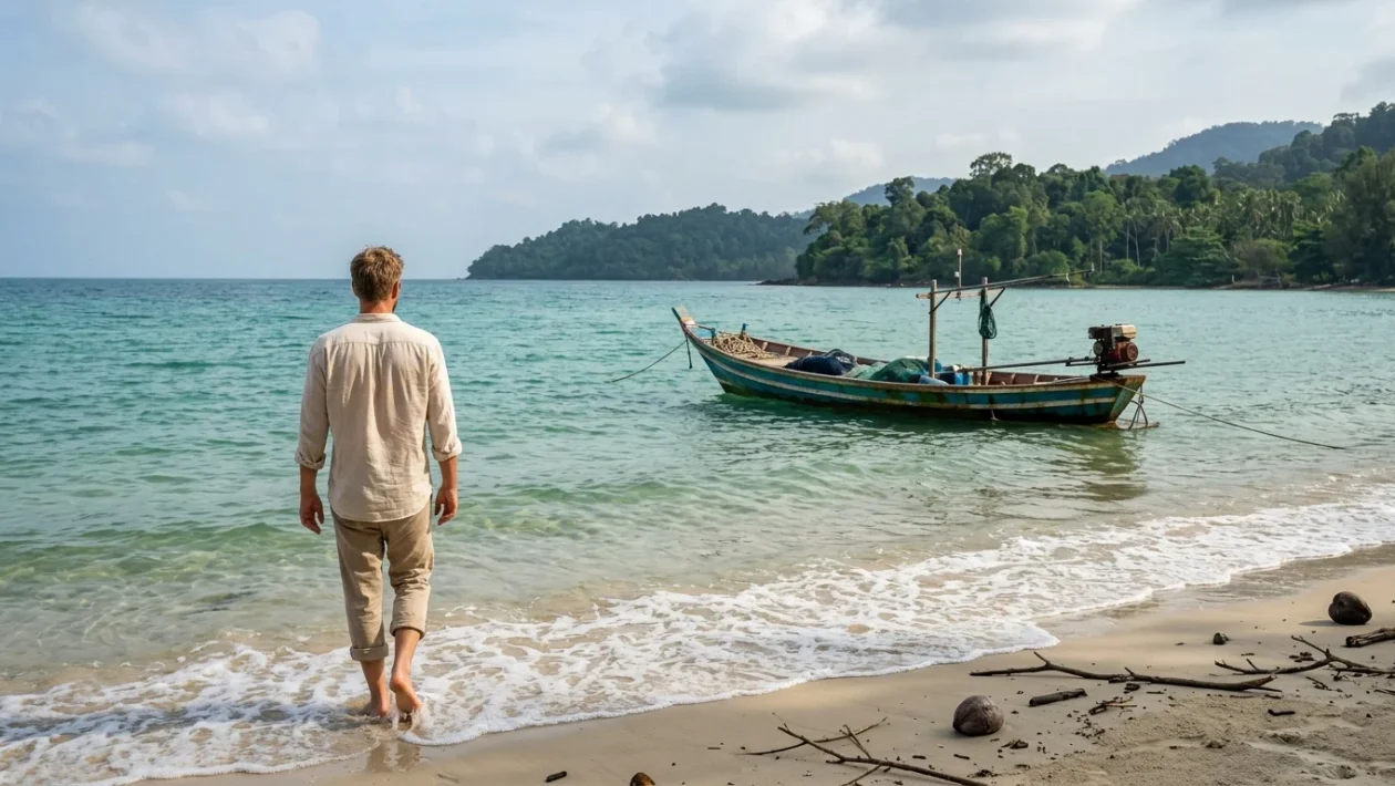 Spiaggia di sabbia bianca con mare turchese sull'isola di Koh Rong in Cambogia
