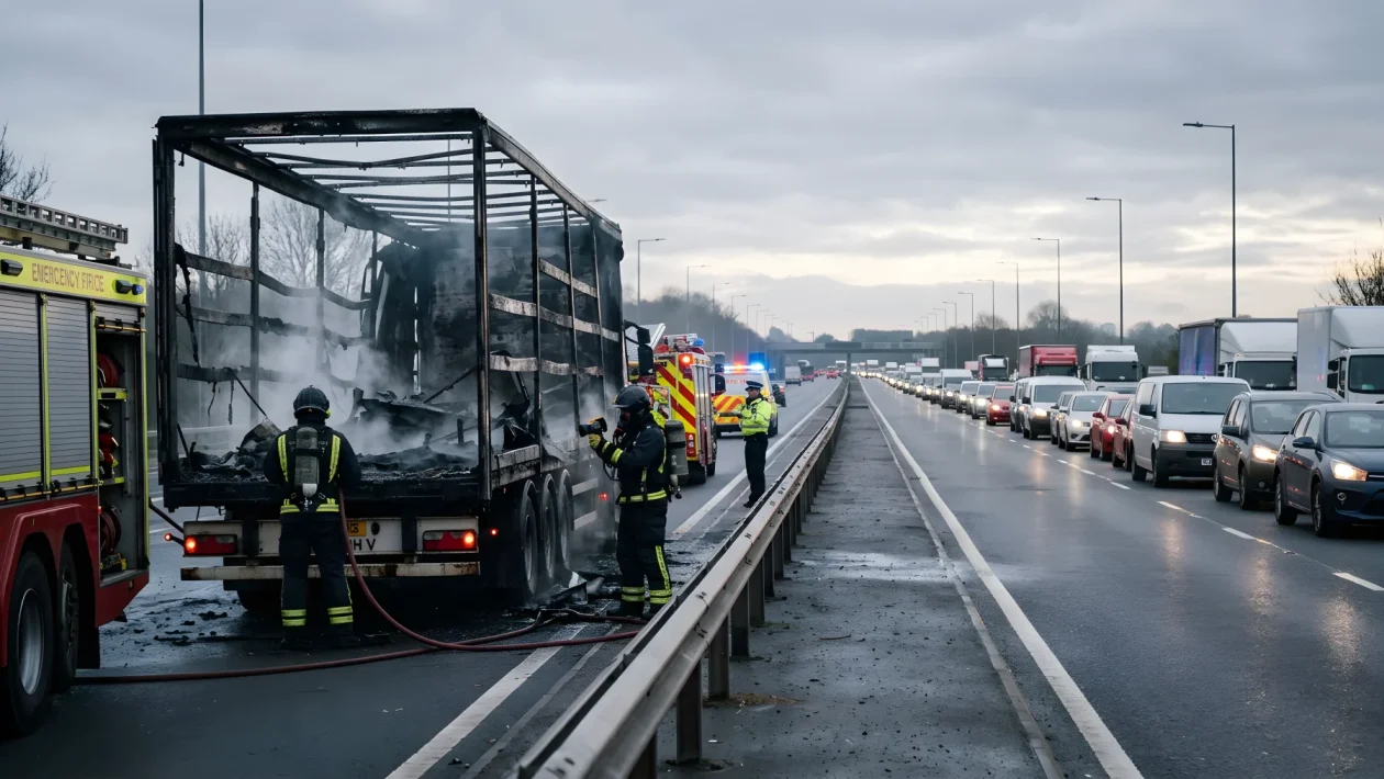 Vigili del fuoco al lavoro per spegnere l'incendio di un camion sulla tangenziale A50