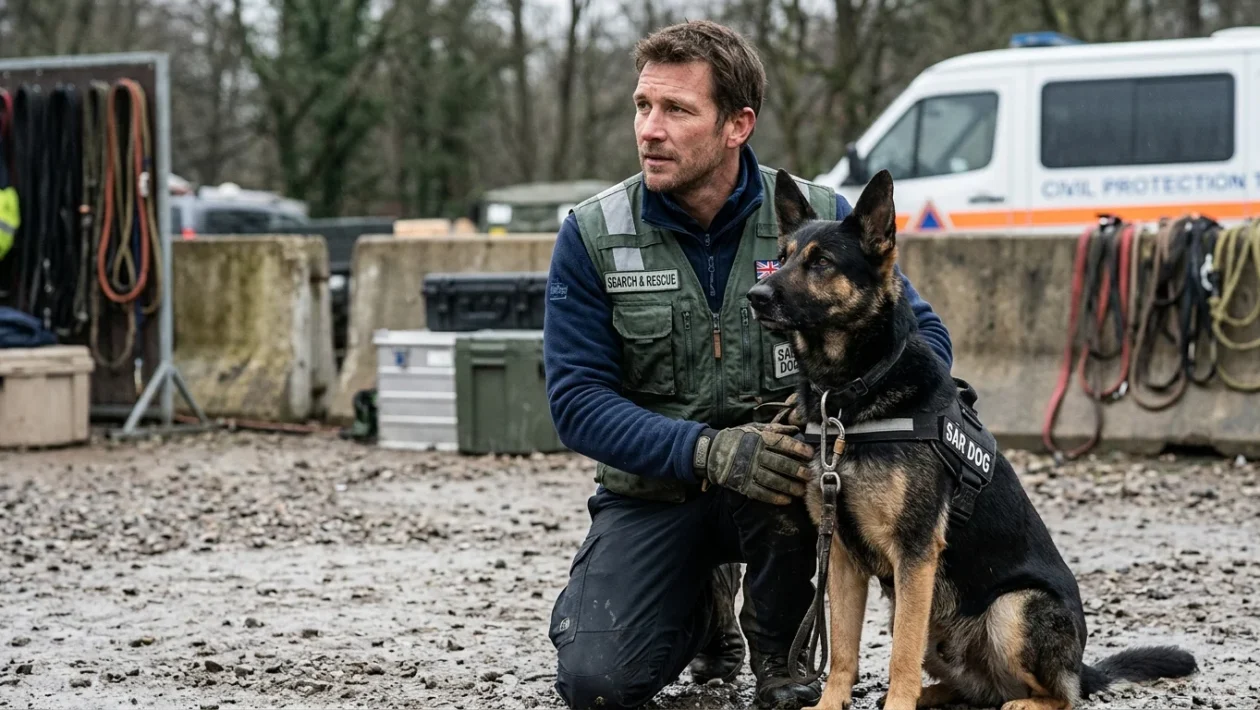 Un cane da soccorso impegnato in una sessione di addestramento tra le macerie