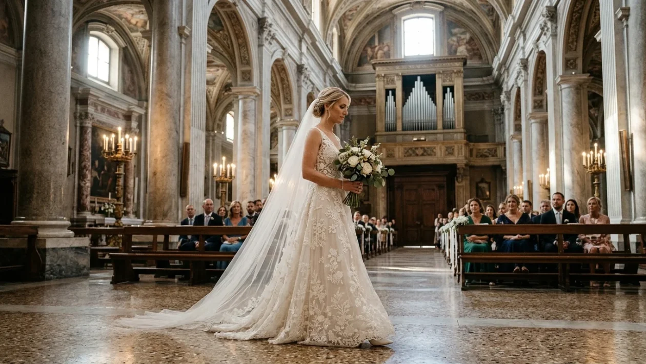 Dettaglio musicale di una cerimonia nuziale con spartito e strumenti per l'ingresso della sposa