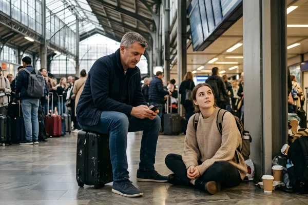 Binari e treni fermi in una stazione ferroviaria italiana