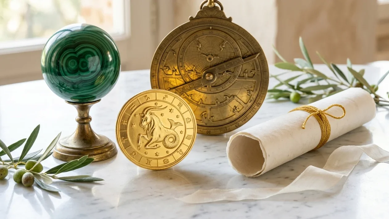 Rappresentazione artistica del segno zodiacale del Capricorno tra simboli finanziari e stelle