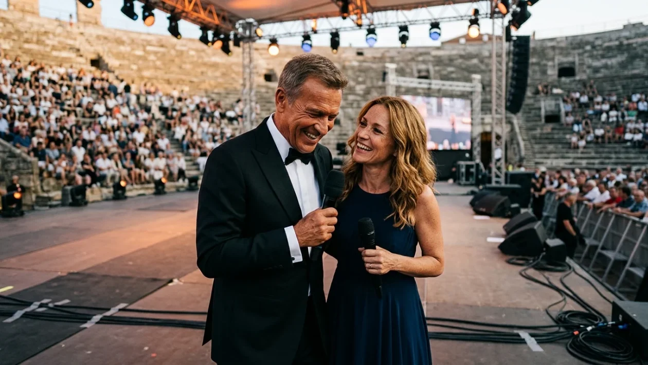 Carlo Conti e Vanessa Incontrada sul palco dell'Arena di Verona per la conduzione dei Music Awards