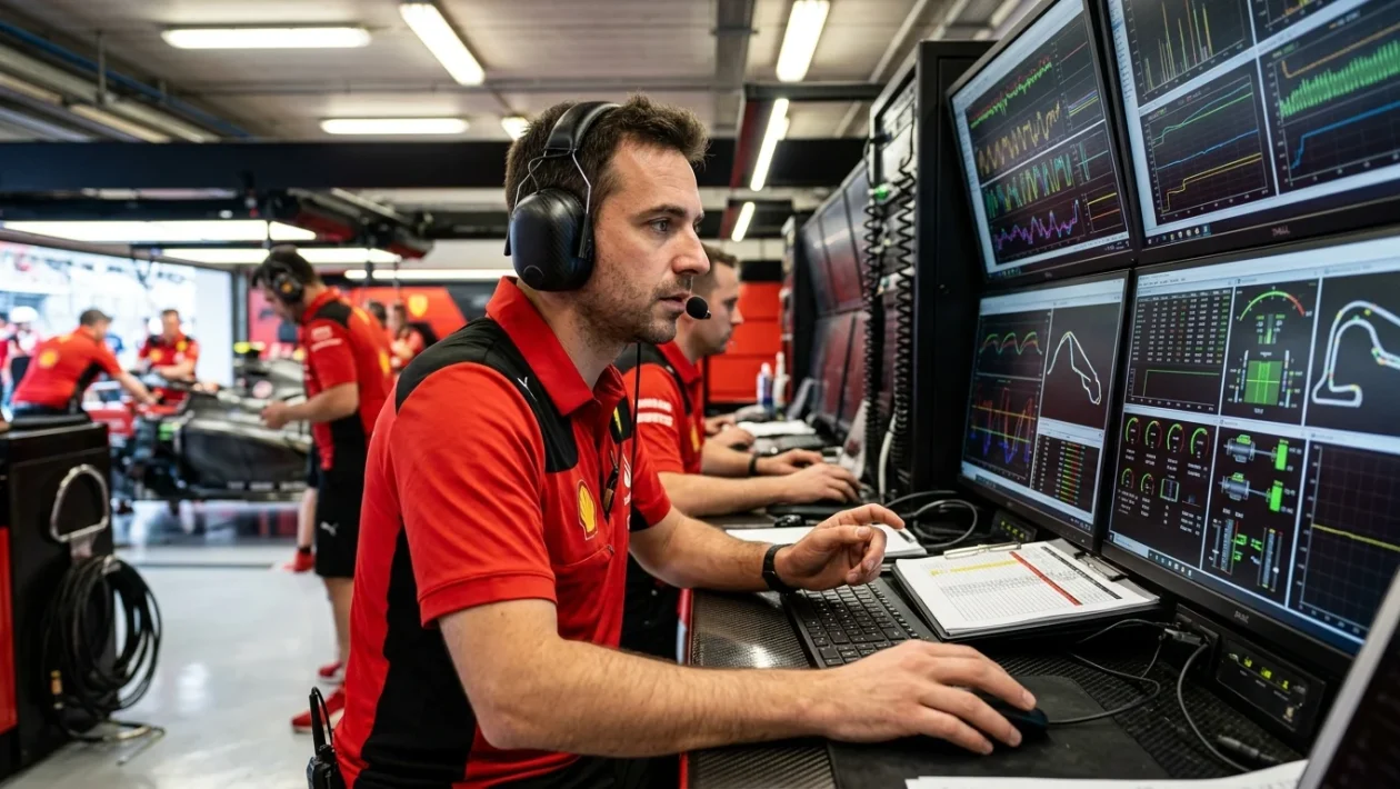 Carlo Santi ingegnere Ferrari al lavoro nel box durante un weekend di gara