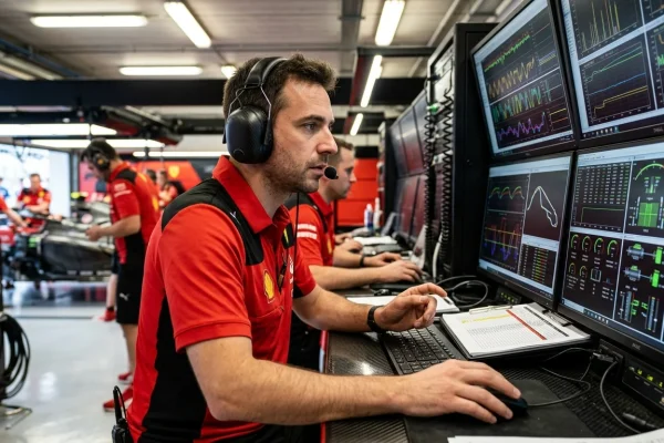Carlo Santi ingegnere Ferrari al lavoro nel box durante un weekend di gara