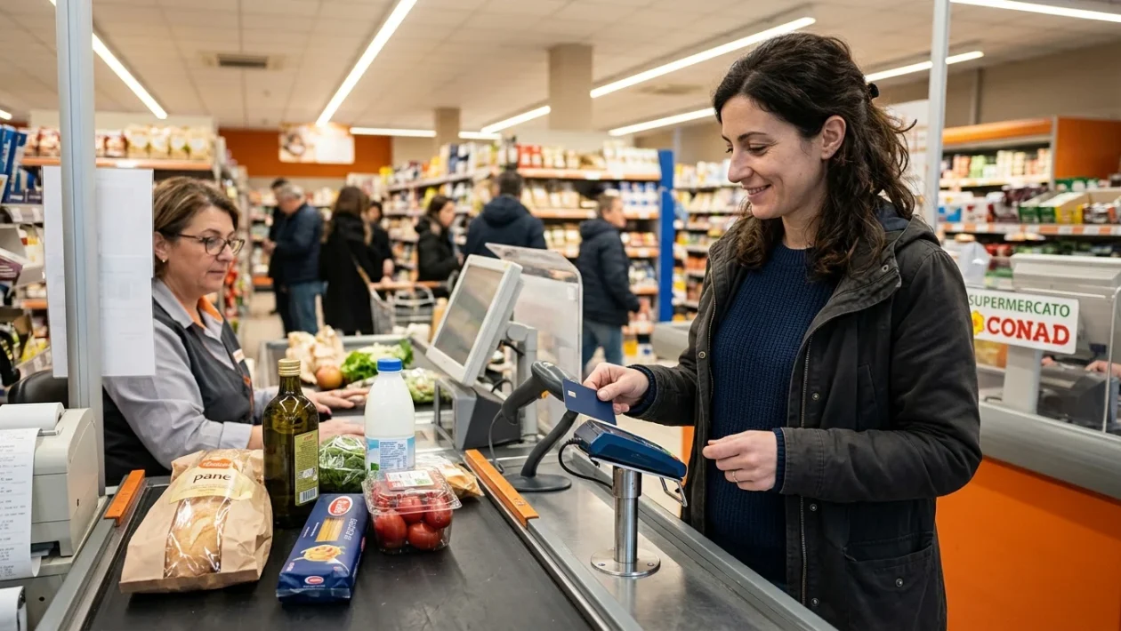 Carta Dedicata a Te utilizzata per il pagamento della spesa alimentare alla cassa del supermercato