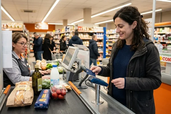 Carta Dedicata a Te utilizzata per il pagamento della spesa alimentare alla cassa del supermercato