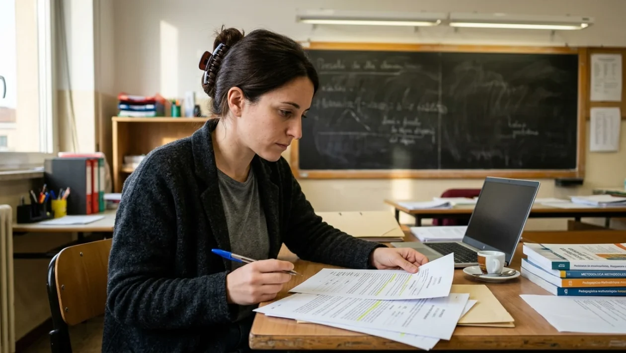 Insegnante al computer portatile durante la preparazione delle lezioni scolastiche