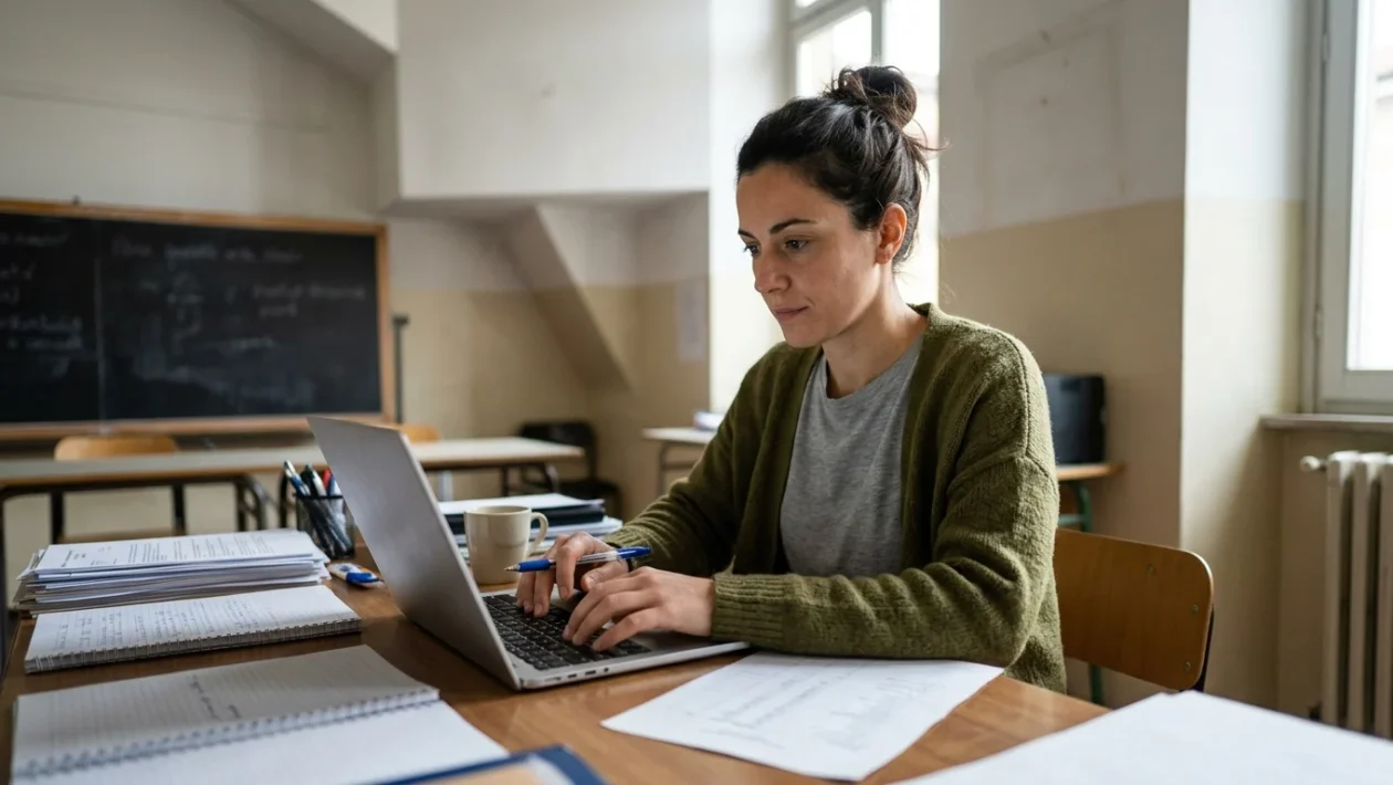 Insegnante davanti a un computer portatile mentre consulta i servizi digitali per la scuola