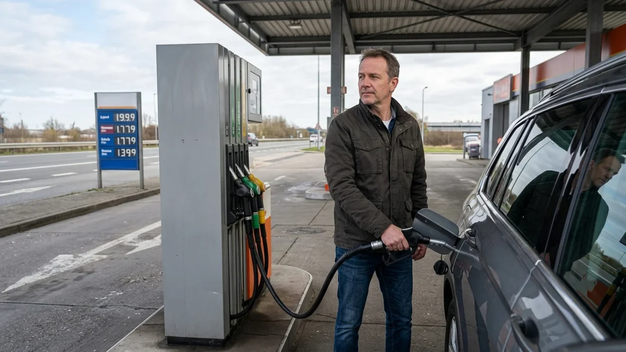 Cartello con i prezzi dei carburanti e l'indicazione del prezzo medio presso una stazione di rifornimento