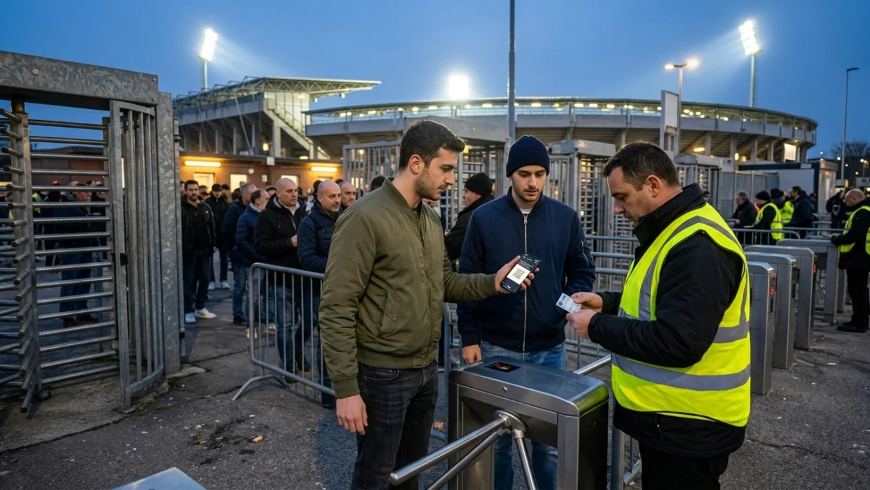 Dettaglio degli spalti di uno stadio di calcio durante una partita serale