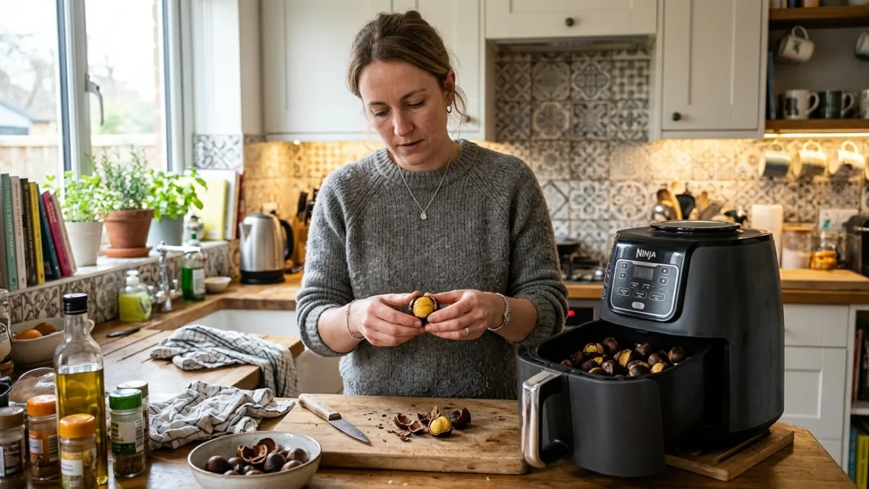 Castagne incise pronte per la cottura nel cestello della friggitrice ad aria