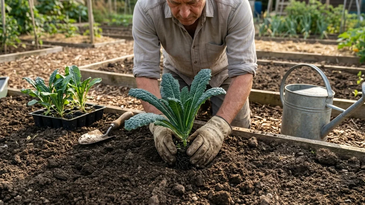 Piantine rigogliose di cavolo nero toscano coltivate nei solchi dell'orto autunnale