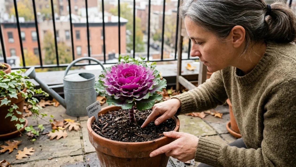 Cavolo ornamentale con foglie viola e verdi coltivate in vaso