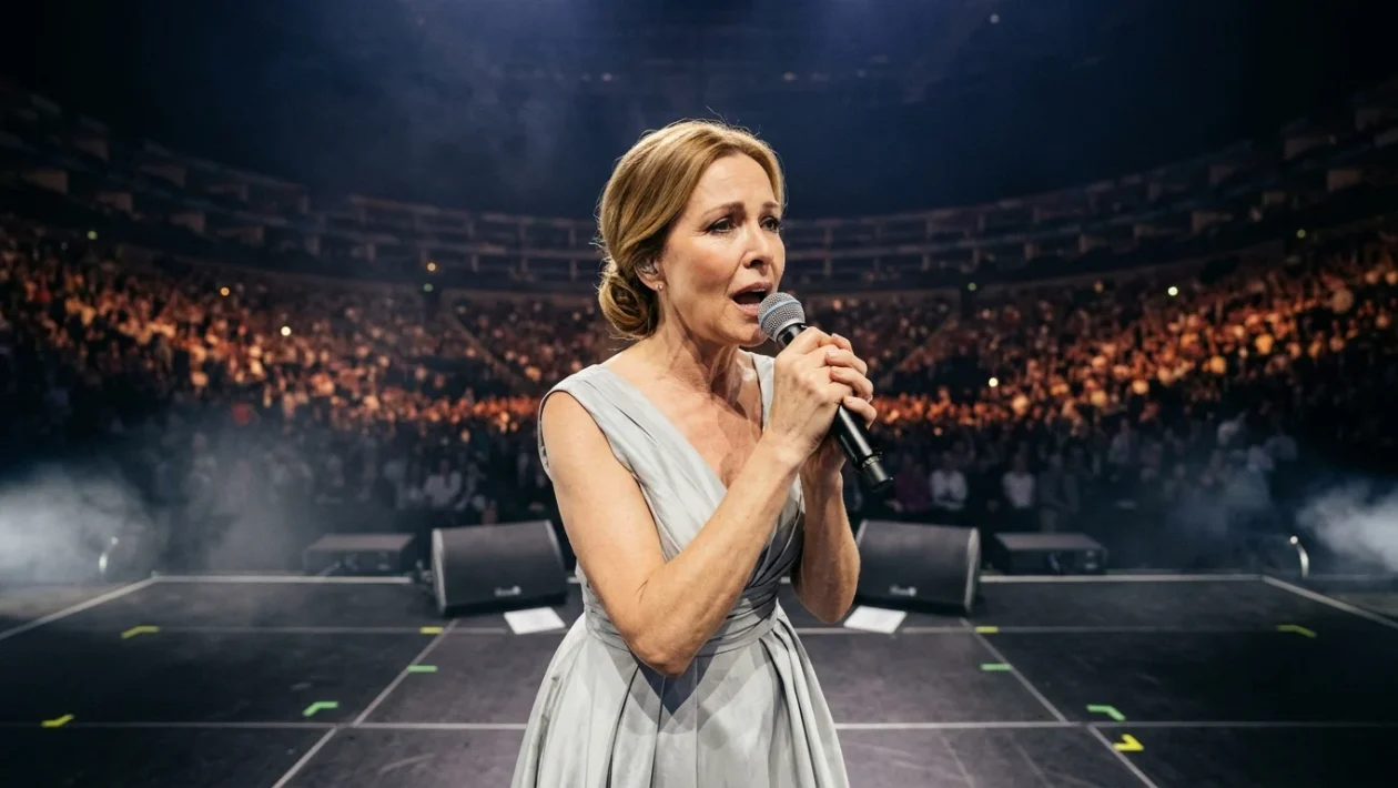 Céline Dion sul palco durante un'esibizione dal vivo